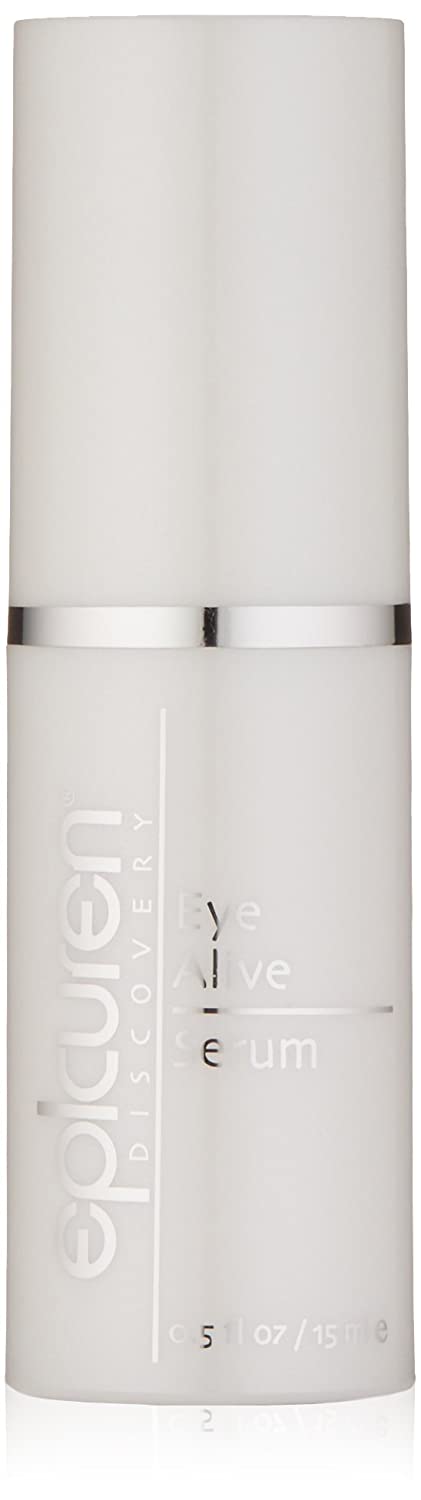 Epicuren Discovery Eye Alive Serum packaging and bottle, white and silver in color, displayed next to the product box.