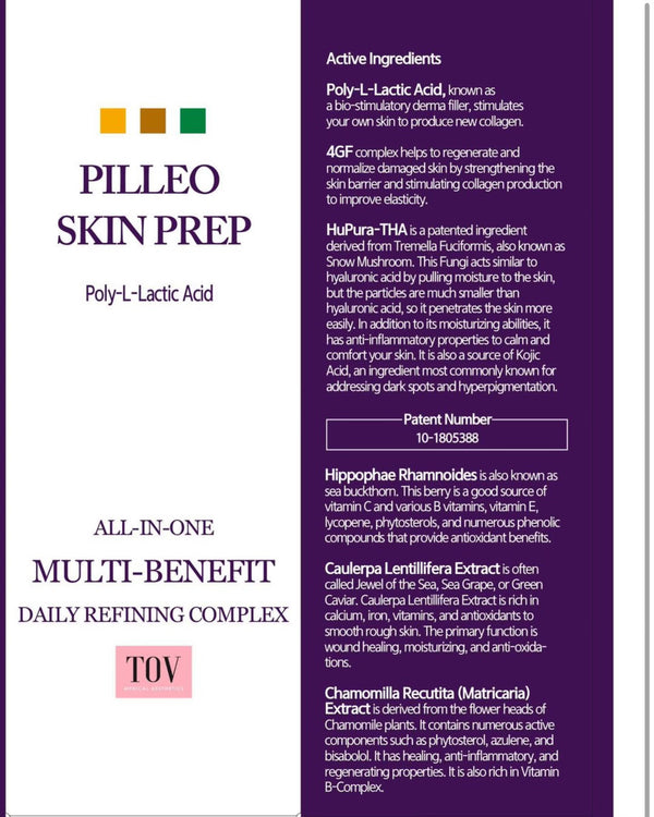 A product image showing Hop + Pilleo Skin Prep Daily Treatment Toner Refining Complex, with the packaging and the bottle displayed in front of the box.