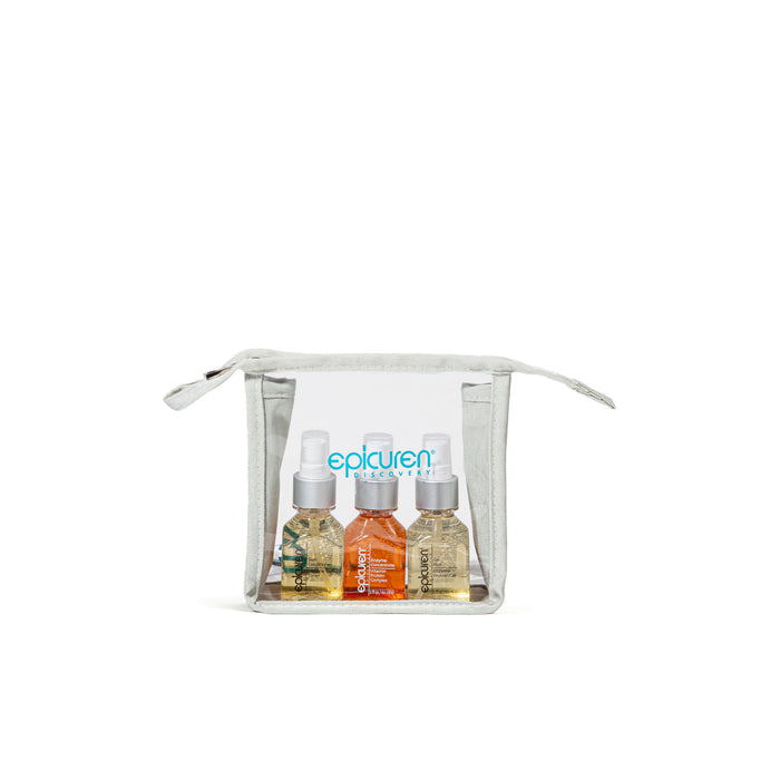 Three bottles of Epicuren Discovery Metadermabolic Protein Enzyme Complex products, including a Skin Conditioner Enzyme Toner, an Enzyme Concentrate Vitamin Protein Complex, and Gel Plus Enzyme Protein Ge, packaged in a clear travel toiletry bag with the brand's logo and product names visible.