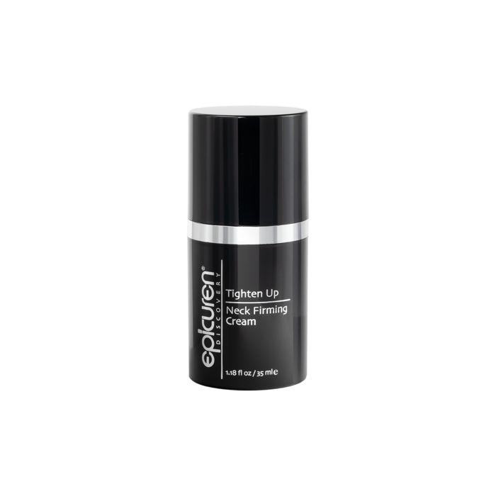 Epicuren Discovery Tighten Up Neck Firming Cream packaging and container, black and silver in color, 1.18 fl. oz. size.