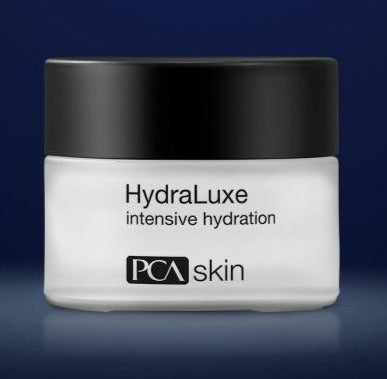 PCA Skin HydraLuxe Intensive Hydration lotion in a white jar with a black lid, indicating it is intended for skin hydration.