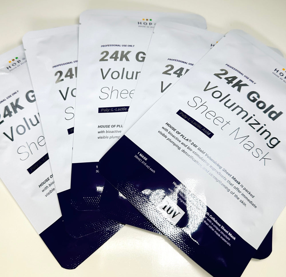 TOV House of PLLA 24k Gold Volumizing Sheet Mask, with information and branding visible on the front.